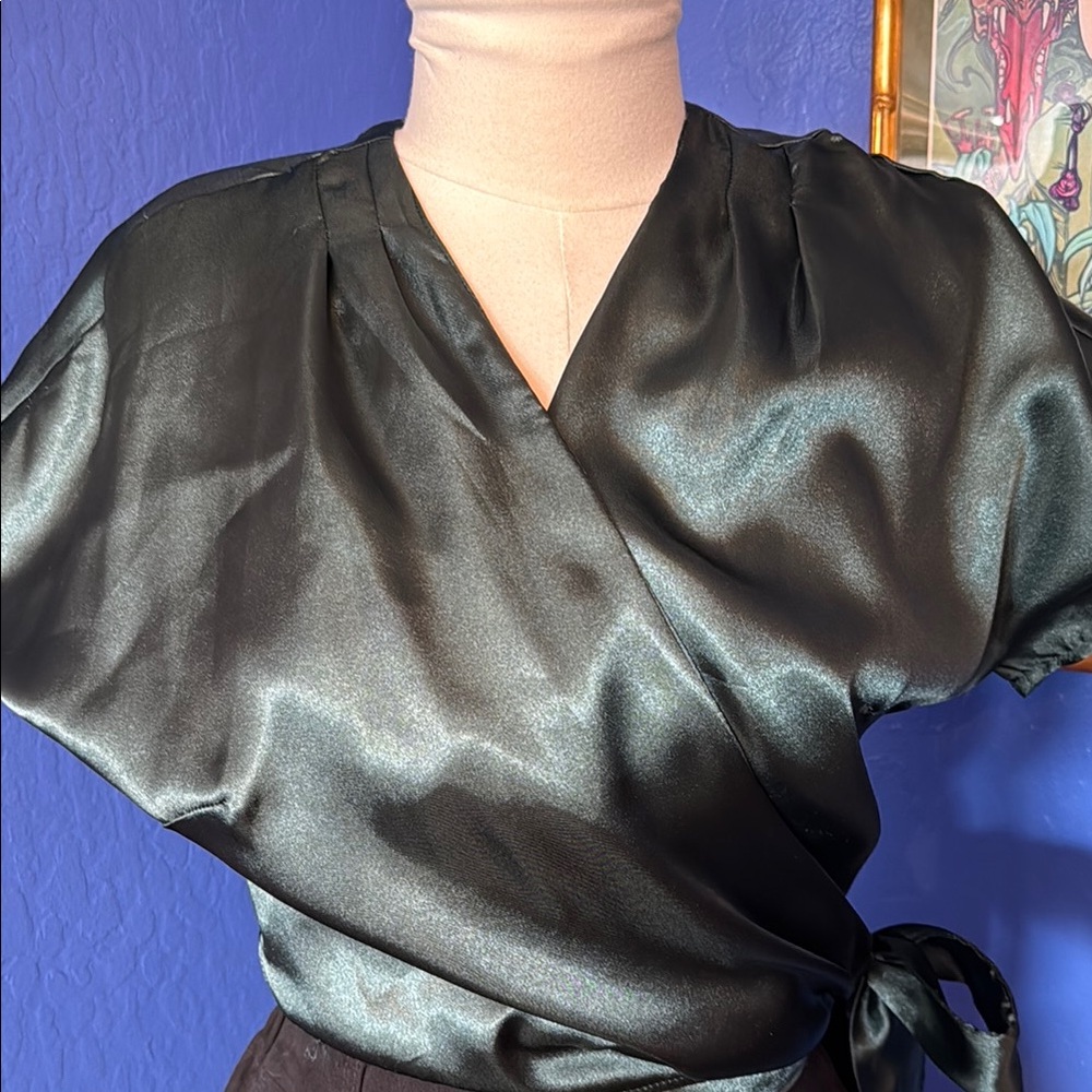 Vintage inspired wrap around satin blouse